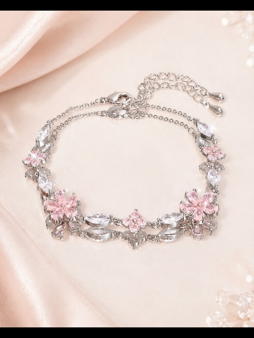 Silver Floral Bracelet with Pink Crystal Accents